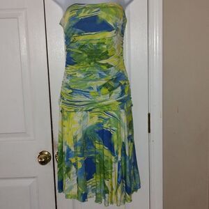 Vintage Joseph Ribkoff Strapless Bandeau Dress  Floral Ruched Green Blue Sz 4